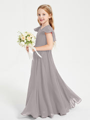 Delicate Chiffon Junior Bridesmaid Gown Flutter Sleeves V-neck Silver