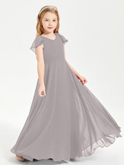 Delicate Chiffon Junior Bridesmaid Gown Flutter Sleeves V-neck Silver