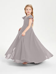 Delicate Chiffon Junior Bridesmaid Gown Flutter Sleeves V-neck Silver