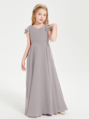Delicate Chiffon Junior Bridesmaid Gown Flutter Sleeves V-neck Silver