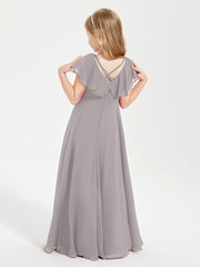 Delicate Chiffon Junior Bridesmaid Gown Flutter Sleeves V-neck Silver