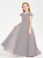 Delicate Chiffon Junior Bridesmaid Gown Flutter Sleeves V-neck Silver