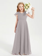 Delicate Chiffon Junior Bridesmaid Gown Flutter Sleeves V-neck Silver