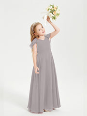 Delicate Chiffon Junior Bridesmaid Gown Flutter Sleeves V-neck Silver