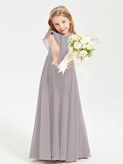 Delicate Chiffon Junior Bridesmaid Gown Flutter Sleeves V-neck Silver