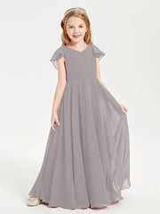 Delicate Chiffon Junior Bridesmaid Gown Flutter Sleeves V-neck Silver