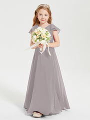Delicate Chiffon Junior Bridesmaid Gown Flutter Sleeves V-neck Silver