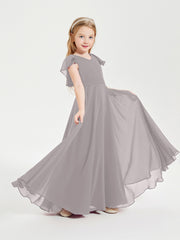Delicate Chiffon Junior Bridesmaid Gown Flutter Sleeves V-neck Silver