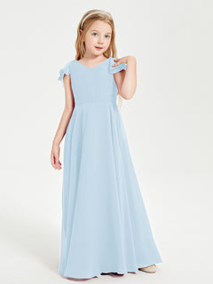 Delicate Chiffon Junior Bridesmaid Gown Flutter Sleeves V-neck Sky Blue