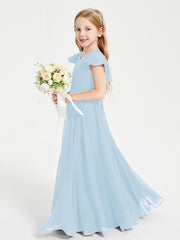 Delicate Chiffon Junior Bridesmaid Gown Flutter Sleeves V-neck Sky Blue