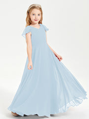 Delicate Chiffon Junior Bridesmaid Gown Flutter Sleeves V-neck Sky Blue