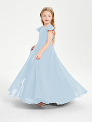 Delicate Chiffon Junior Bridesmaid Gown Flutter Sleeves V-neck Sky Blue