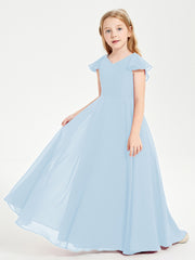 Delicate Chiffon Junior Bridesmaid Gown Flutter Sleeves V-neck Sky Blue