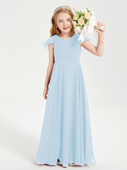 Delicate Chiffon Junior Bridesmaid Gown Flutter Sleeves V-neck Sky Blue