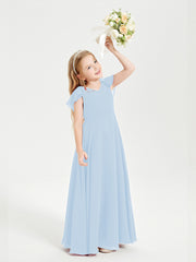 Delicate Chiffon Junior Bridesmaid Gown Flutter Sleeves V-neck Sky Blue
