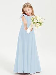 Delicate Chiffon Junior Bridesmaid Gown Flutter Sleeves V-neck Sky Blue