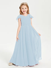 Delicate Chiffon Junior Bridesmaid Gown Flutter Sleeves V-neck Sky Blue