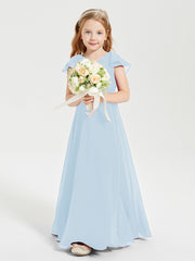 Delicate Chiffon Junior Bridesmaid Gown Flutter Sleeves V-neck Sky Blue