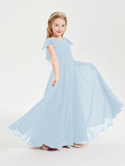 Delicate Chiffon Junior Bridesmaid Gown Flutter Sleeves V-neck Sky Blue