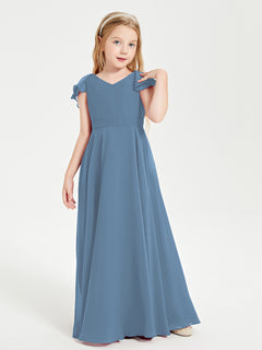 Delicate Chiffon Junior Bridesmaid Gown Flutter Sleeves V-neck Slate Blue