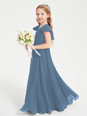 Delicate Chiffon Junior Bridesmaid Gown Flutter Sleeves V-neck Slate Blue