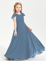Delicate Chiffon Junior Bridesmaid Gown Flutter Sleeves V-neck Slate Blue