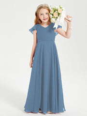 Delicate Chiffon Junior Bridesmaid Gown Flutter Sleeves V-neck Slate Blue