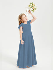 Delicate Chiffon Junior Bridesmaid Gown Flutter Sleeves V-neck Slate Blue