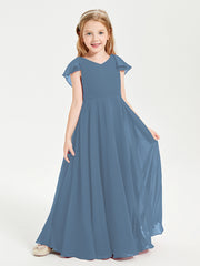 Delicate Chiffon Junior Bridesmaid Gown Flutter Sleeves V-neck Slate Blue