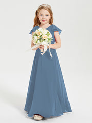 Delicate Chiffon Junior Bridesmaid Gown Flutter Sleeves V-neck Slate Blue
