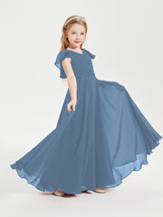 Delicate Chiffon Junior Bridesmaid Gown Flutter Sleeves V-neck Slate Blue