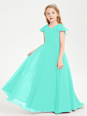 Delicate Chiffon Junior Bridesmaid Gown Flutter Sleeves V-neck Spa