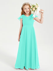 Delicate Chiffon Junior Bridesmaid Gown Flutter Sleeves V-neck Spa