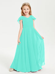 Delicate Chiffon Junior Bridesmaid Gown Flutter Sleeves V-neck Spa