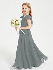Delicate Chiffon Junior Bridesmaid Gown Flutter Sleeves V-neck Steel Grey