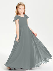 Delicate Chiffon Junior Bridesmaid Gown Flutter Sleeves V-neck Steel Grey