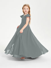 Delicate Chiffon Junior Bridesmaid Gown Flutter Sleeves V-neck Steel Grey