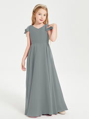 Delicate Chiffon Junior Bridesmaid Gown Flutter Sleeves V-neck Steel Grey
