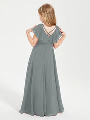 Delicate Chiffon Junior Bridesmaid Gown Flutter Sleeves V-neck Steel Grey