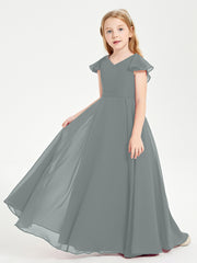 Delicate Chiffon Junior Bridesmaid Gown Flutter Sleeves V-neck Steel Grey