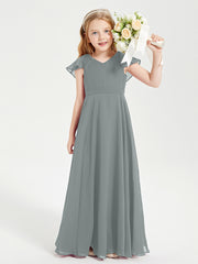Delicate Chiffon Junior Bridesmaid Gown Flutter Sleeves V-neck Steel Grey