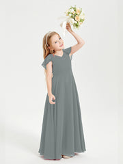 Delicate Chiffon Junior Bridesmaid Gown Flutter Sleeves V-neck Steel Grey