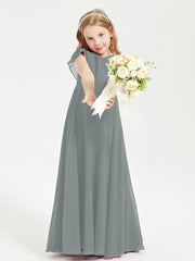 Delicate Chiffon Junior Bridesmaid Gown Flutter Sleeves V-neck Steel Grey