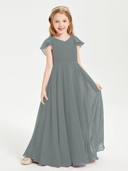 Delicate Chiffon Junior Bridesmaid Gown Flutter Sleeves V-neck Steel Grey