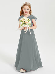 Delicate Chiffon Junior Bridesmaid Gown Flutter Sleeves V-neck Steel Grey