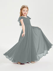 Delicate Chiffon Junior Bridesmaid Gown Flutter Sleeves V-neck Steel Grey