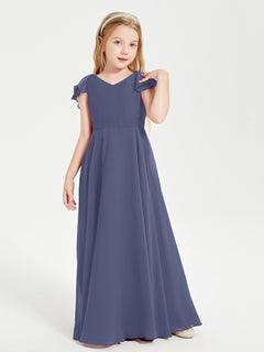 Delicate Chiffon Junior Bridesmaid Gown Flutter Sleeves V-neck Stormy