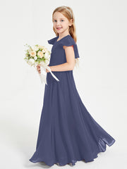 Delicate Chiffon Junior Bridesmaid Gown Flutter Sleeves V-neck Stormy
