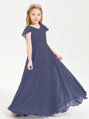 Delicate Chiffon Junior Bridesmaid Gown Flutter Sleeves V-neck Stormy