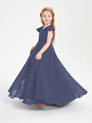 Delicate Chiffon Junior Bridesmaid Gown Flutter Sleeves V-neck Stormy
